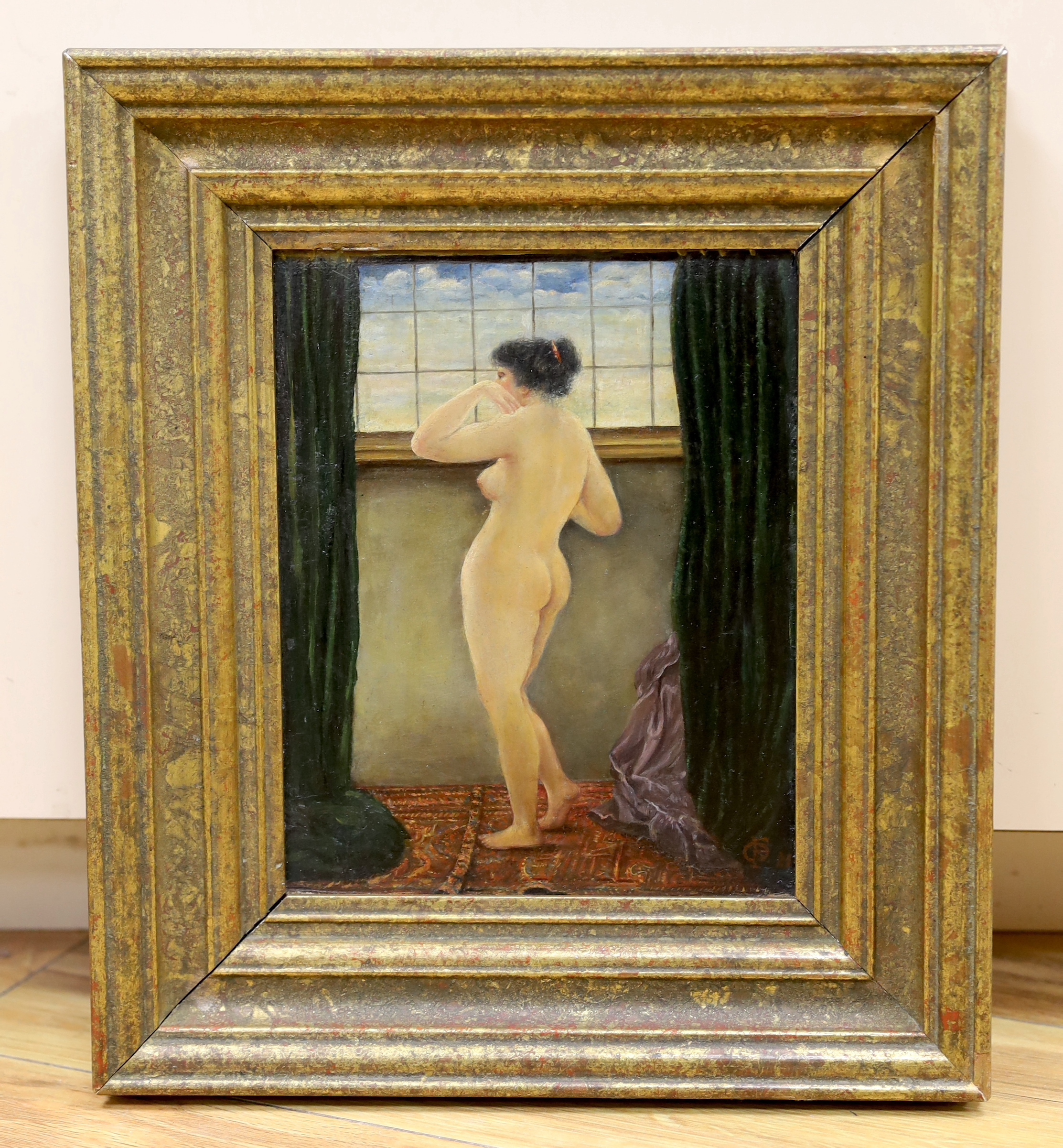 Manner of Frederick Goodall, oil on board, nude woman at a window, indistinctly monogrammed possibly OF, 21 x 17cm